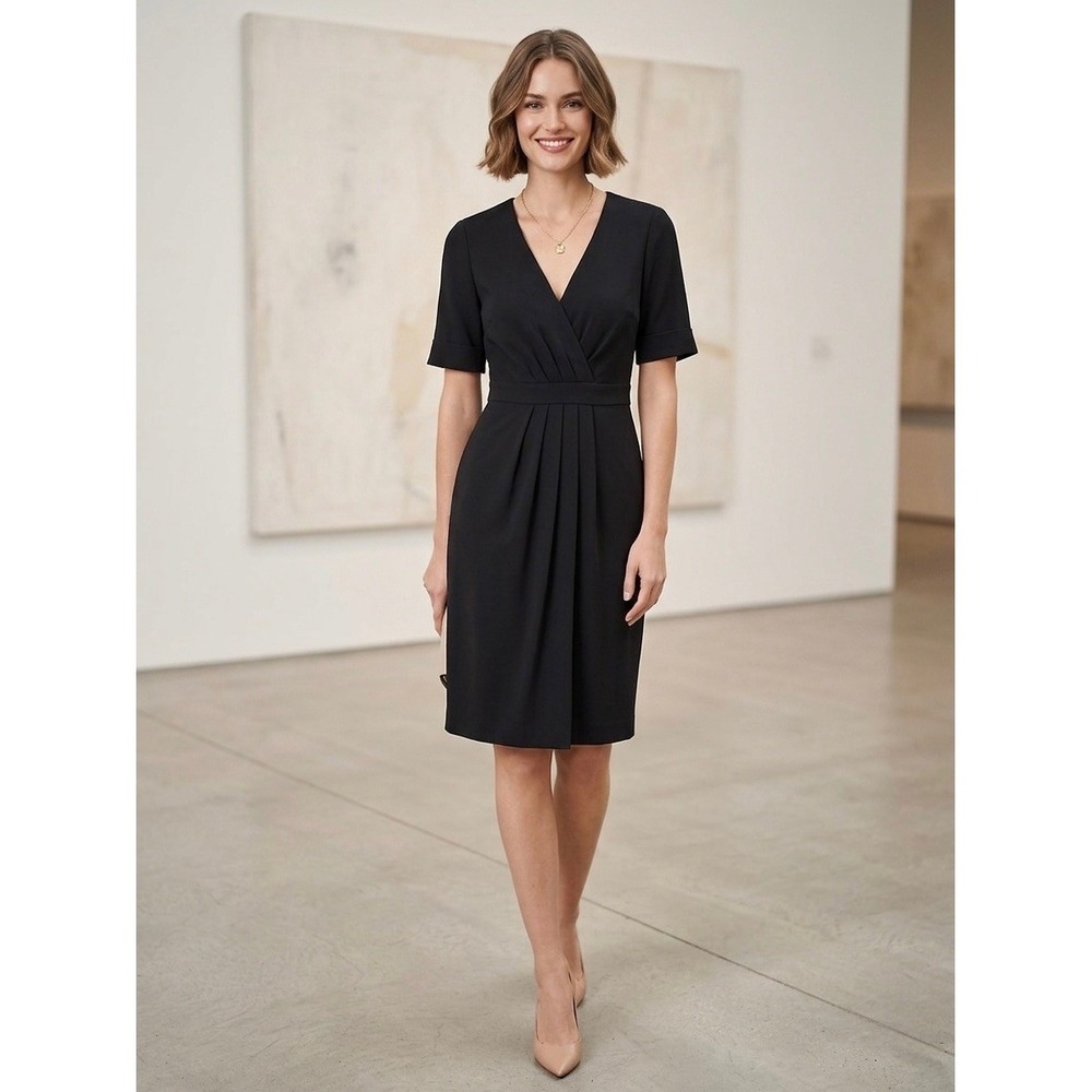 J.Crew Black Pleated V-Neck Faux Wrap Sheath Dress Size 6 Short Sleeve Office
